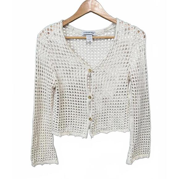 Cotton Emporium Sweaters - Cotton Emporium Cream Crochet Boho Cardigan Open Knit Button Front Crop Sweater